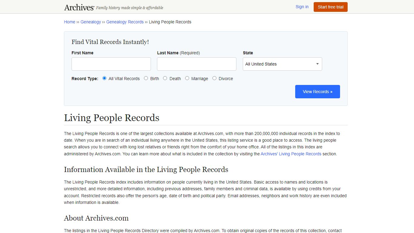 Living People Records | Search Indexes & Collections - Archives.com